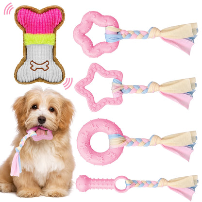 5 Pack Puppy Chew Toys for Teething Small Dogs,Pink Rubber Puppy Teething Toys Plush Squeaky Dog Toys for Cleaning Teeth Interactive Pet Doggy Bone Toys