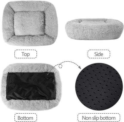 Cat Bed for Indoor Cats,Dog Beds for Small Dogs,  Small Dog Bed, Soft Long Plush Cushion Washable Pet Bed ,Self-Warming Square Cat Bed Anti-Slip Bottom Cushion (22 X 18 X 8 Inch, Gray)