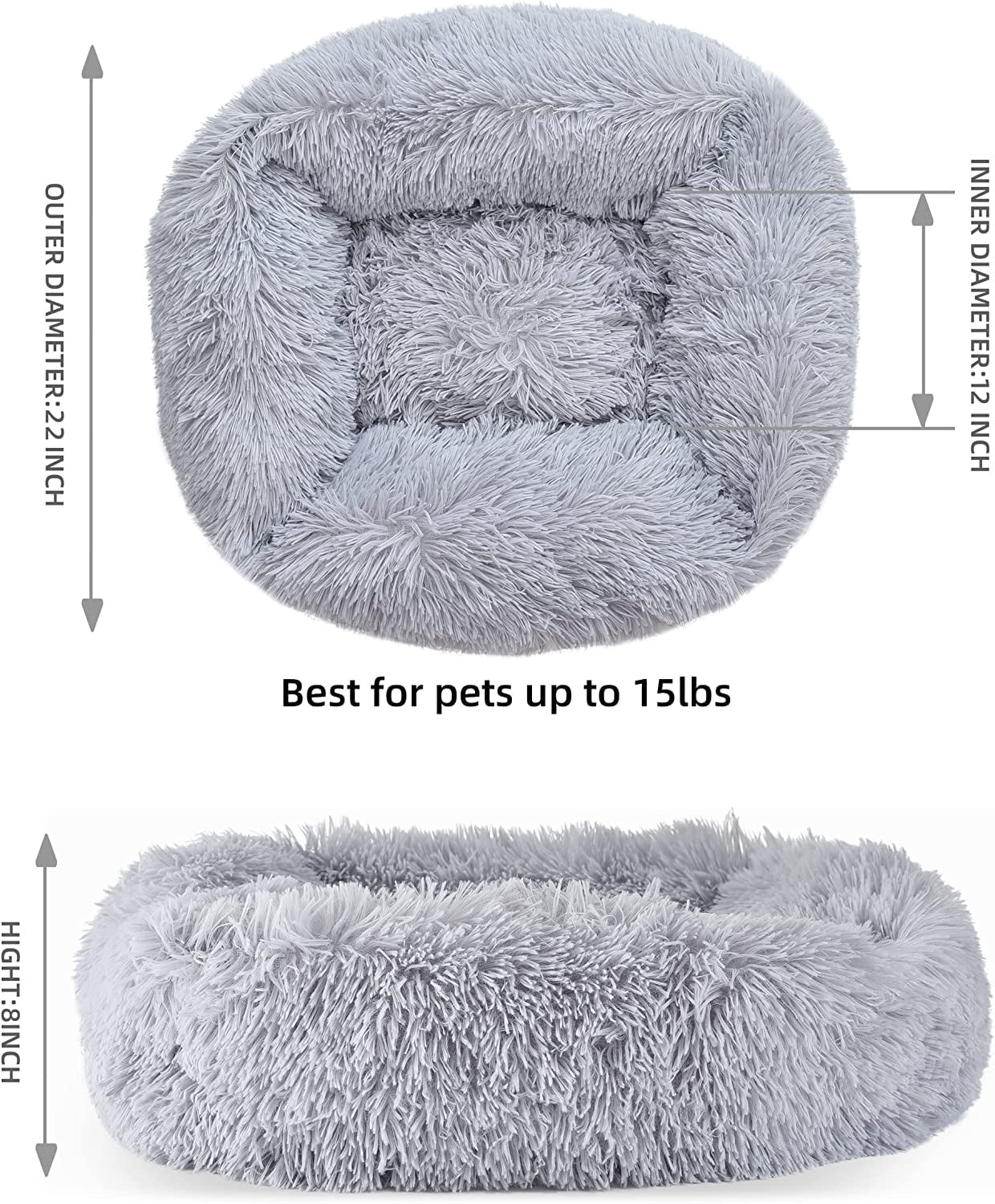 Cat Bed for Indoor Cats,Dog Beds for Small Dogs,  Small Dog Bed, Soft Long Plush Cushion Washable Pet Bed ,Self-Warming Square Cat Bed Anti-Slip Bottom Cushion (22 X 18 X 8 Inch, Gray)